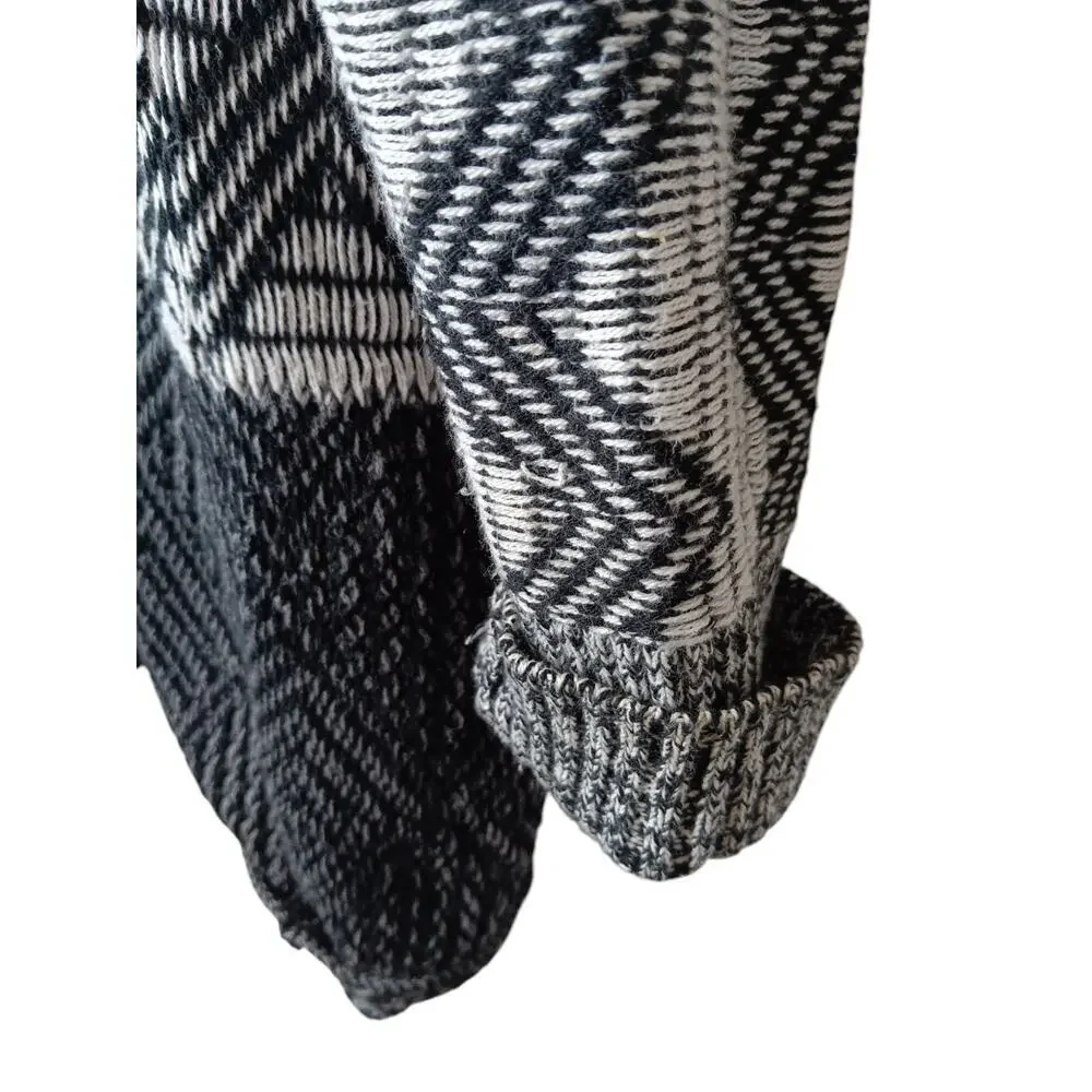 Lucky Brand Women’s Black White Open Front Cardigan Sweater Geometric Aztec M-L
